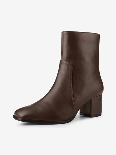 Faux Leather Square Toe Side Zip Block Heel Ankle Boots