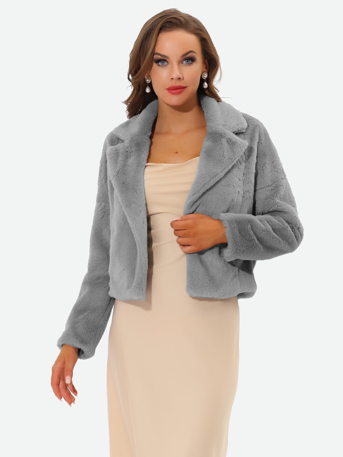 Allegra K Allegra K Cropped Jacket Notch Lapel Faux Fur Fluffy Coat