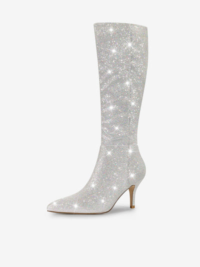 Allegra K Sparkle Glitter Pointy Toe Stiletto Heel Knee High Boots