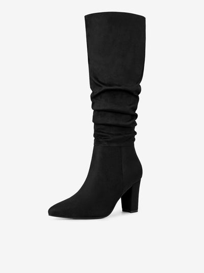 Slouchy Pointed Toe Chunky Heel Knee High Boots