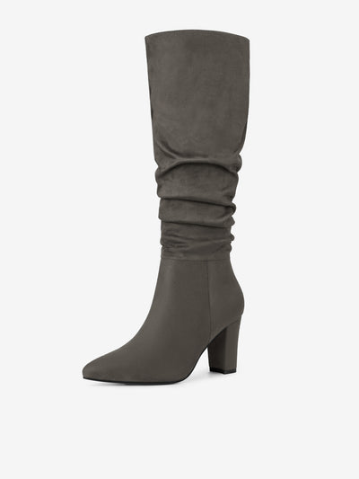 Slouchy Pointed Toe Chunky Heel Knee High Boots