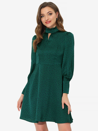 Retro Polka Dot Keyhole Button Cuff Long Sleeve A-line Dress