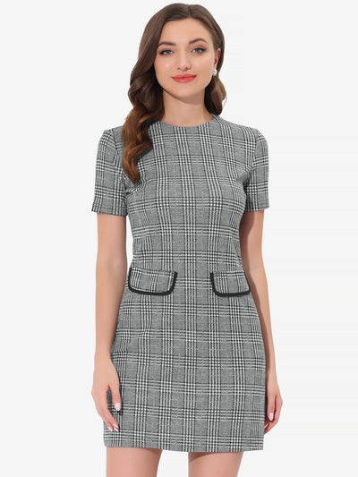 Work Short Sleeve Vintage Houndstooth Pencil Sheath Dress