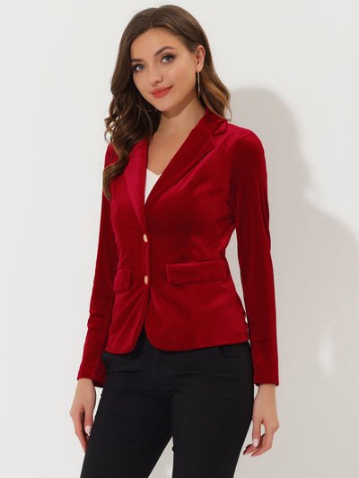 Notched Lapel Vintage Office Button Front Velvet Blazer