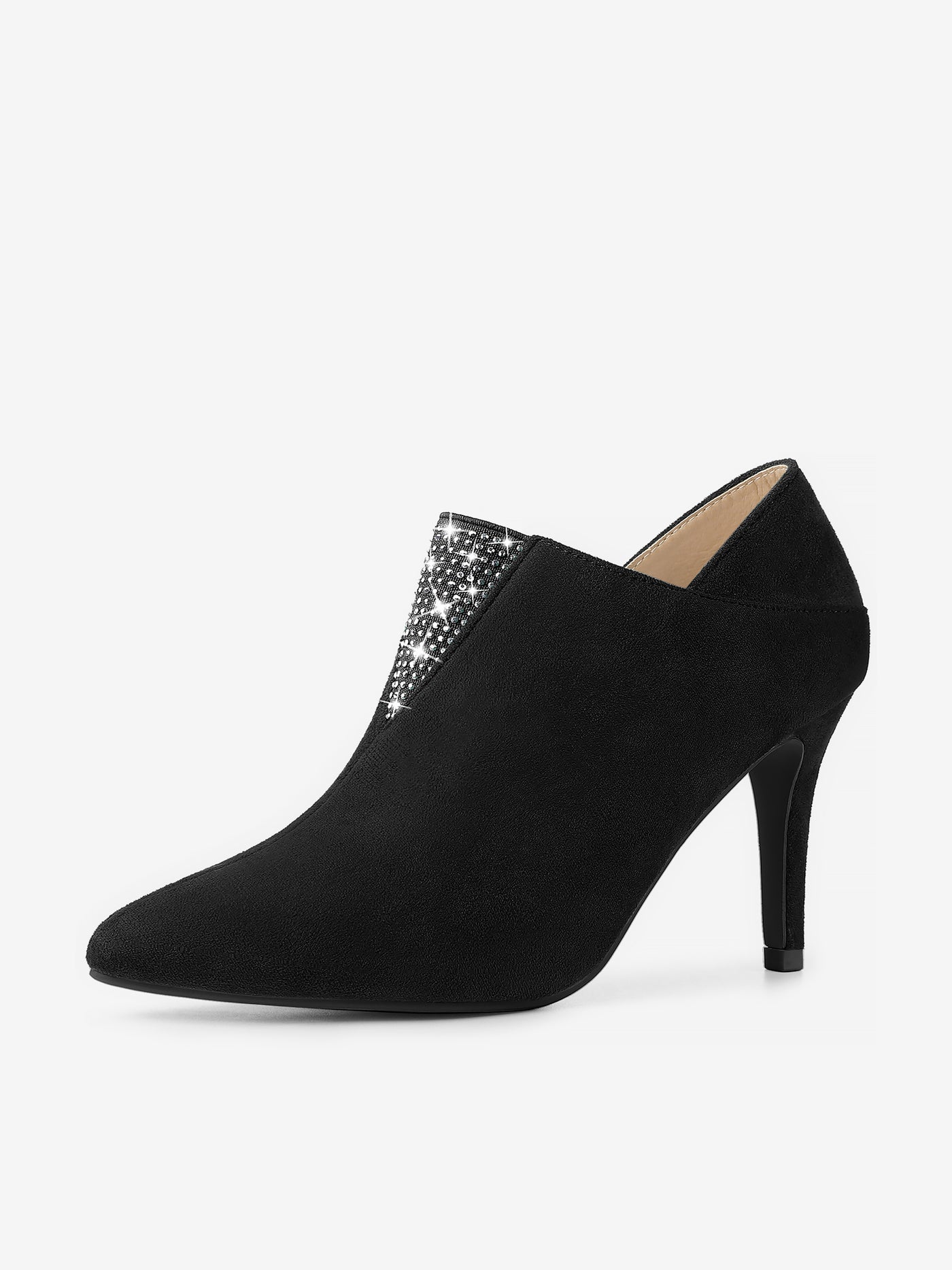 Allegra K Pointed Toe Rhinestones Pull On Stiletto Heel Ankle Booties