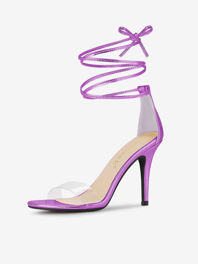 PU Clear Strap Stiletto Heel Ankle Lace Up Sandals