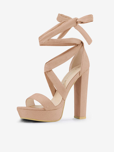 Faux Suede Lace Up Platform Block Heel Sandals