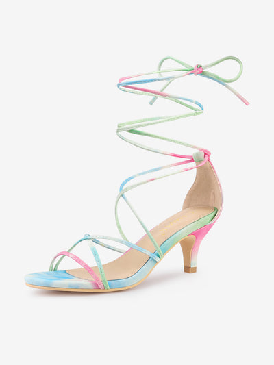 Open Toe Strappy Tie Dye Lace Up Kitten Heel Sandals