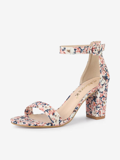 Floral Printed Open Toe Ankle Strap Block Heel Sandals