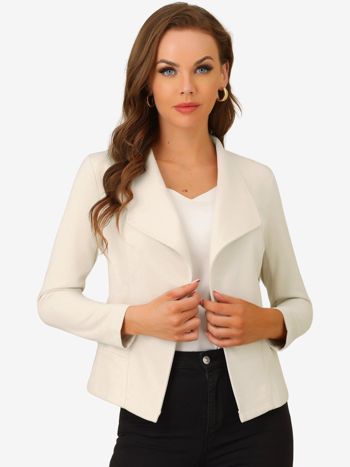 Allegra K Faux Suede Jacket Open Front Lapel Draped Outwear Cardigan