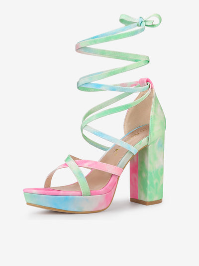 Tie Dye Platform Chunky Heel Lace Up Sandals