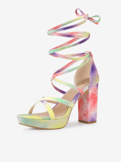 Tie Dye Platform Chunky Heel Lace Up Sandals