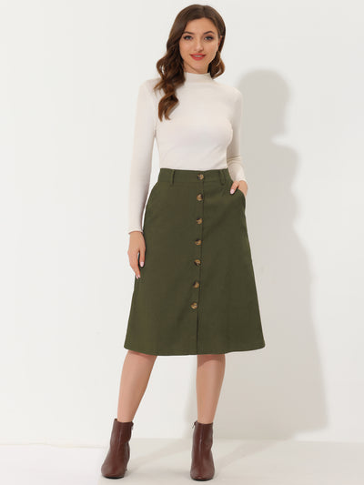 High Waist Button Front Belted Corduroy A-Line Midi Skirt