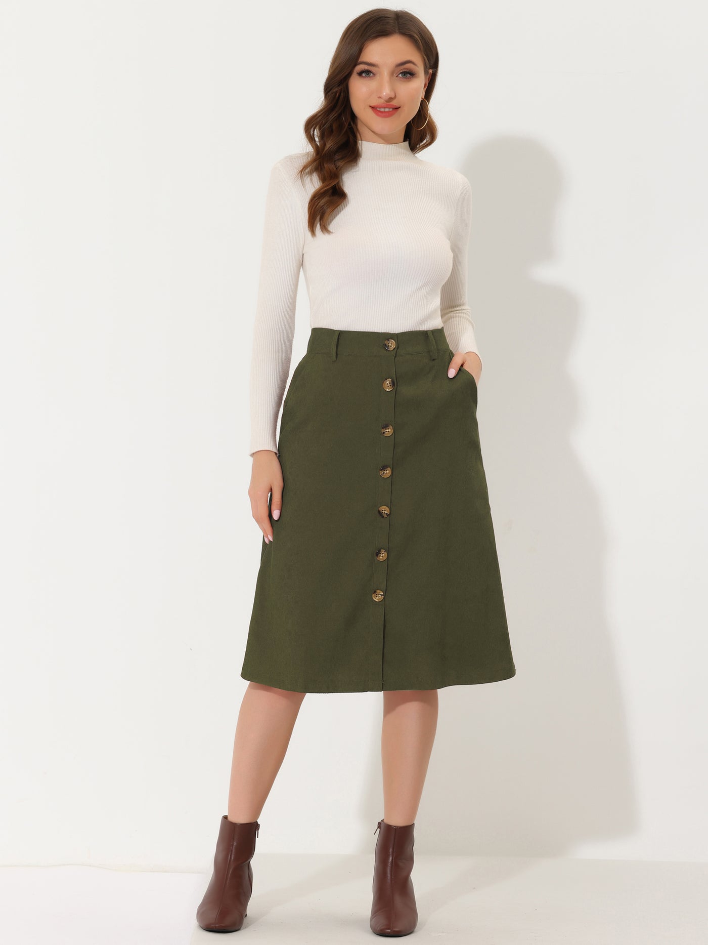 Allegra K High Waist Button Front Belted Corduroy A-Line Midi Skirt