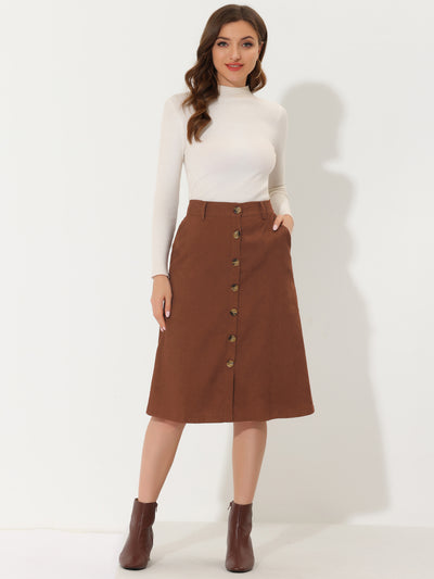 High Waist Button Front A-Line Belted Corduroy Midi Skirt