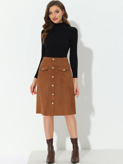 High Waist Faux Suede Knee Length A-Line Skirt