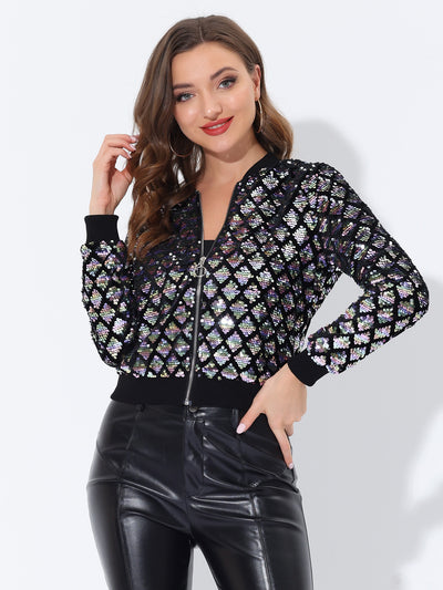 Sequin Long Sleeve Zipper Up Glitter Bomber Jacket