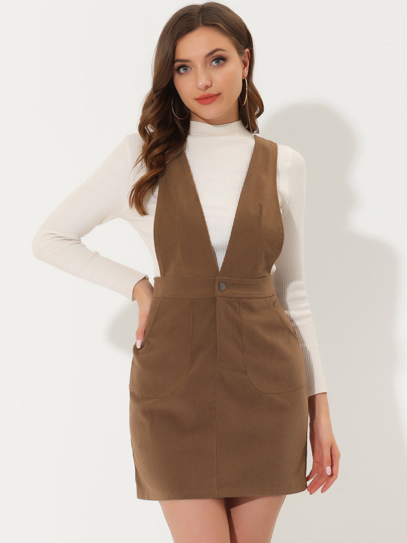 Allegra K Corduroy Overall V Neck Strap Mini Pinafore Dress