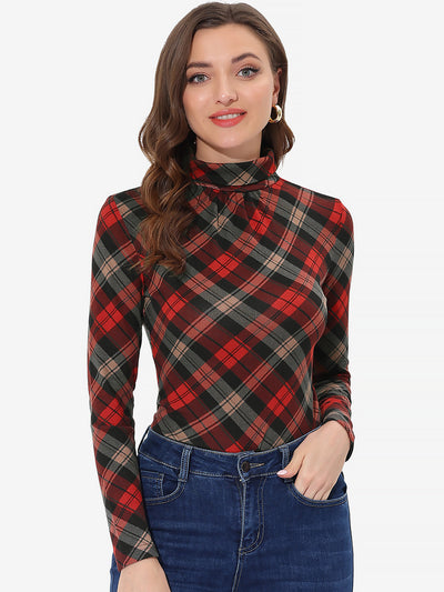 Long Sleeve Turtleneck Stretch Slim Christmas Party Plaid Shirt