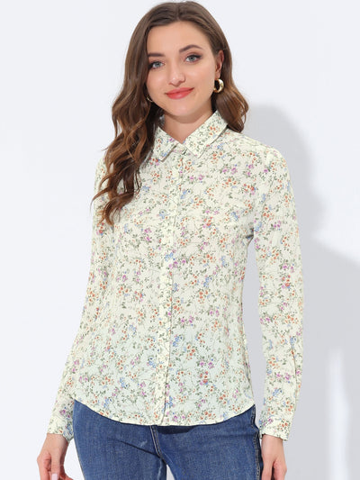 Button Down Floral Long Sleeve Point Collar Blouse