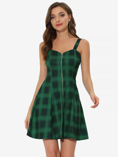 Plaid Zipper Front Party Strap Sleeveless Tube Mini A-Line Dress