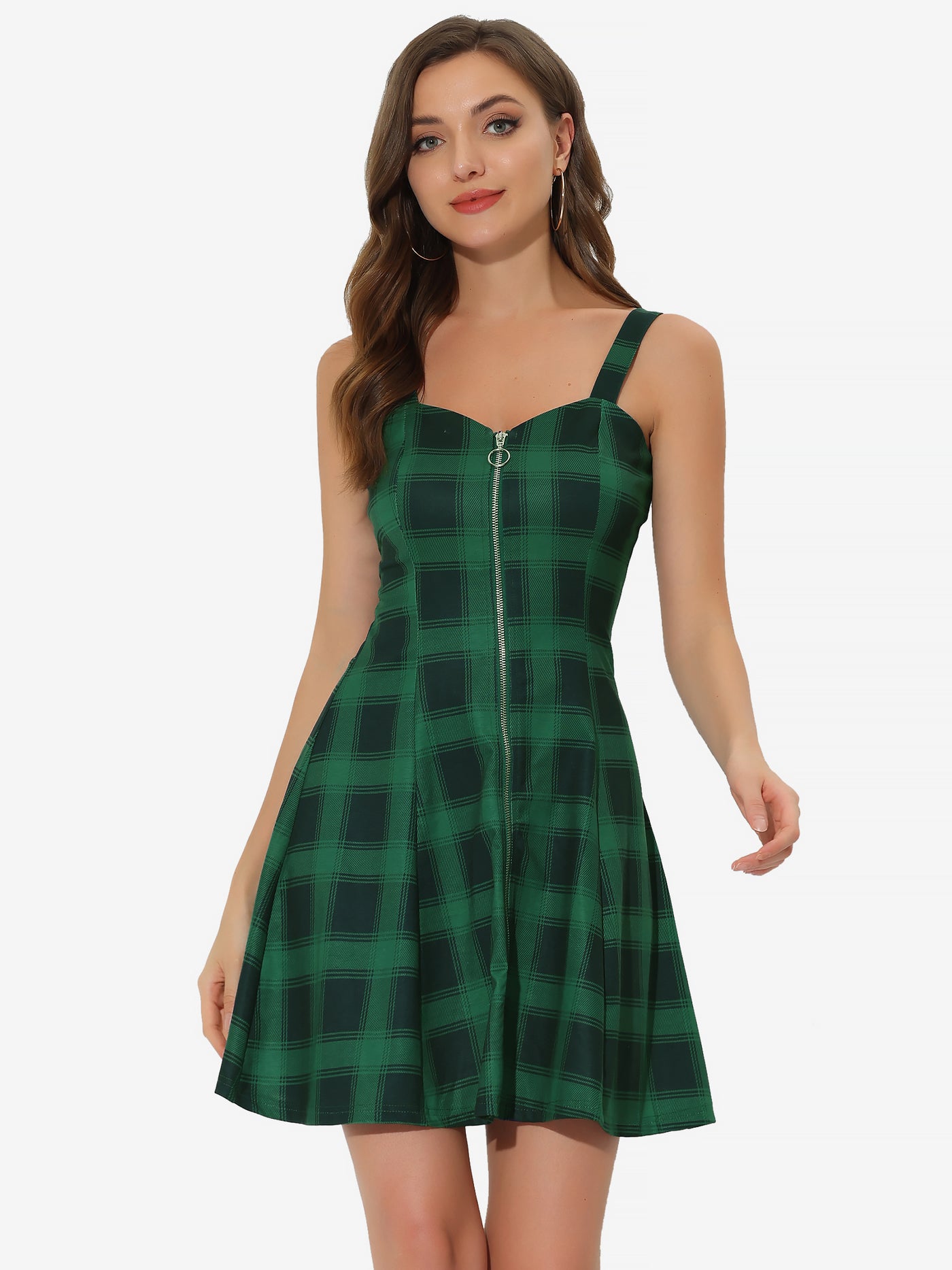 Allegra K Plaid Zipper Front Party Strap Sleeveless Tube Mini A-Line Dress