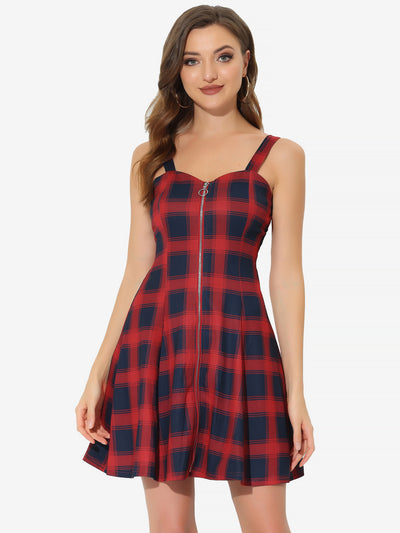 Plaid Zipper Front Party Strap Sleeveless Tube Mini A-Line Dress