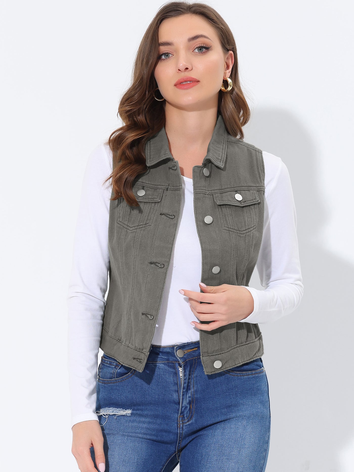 Allegra K Flap Pocket Washed Buttoned Denim Jacket Vest