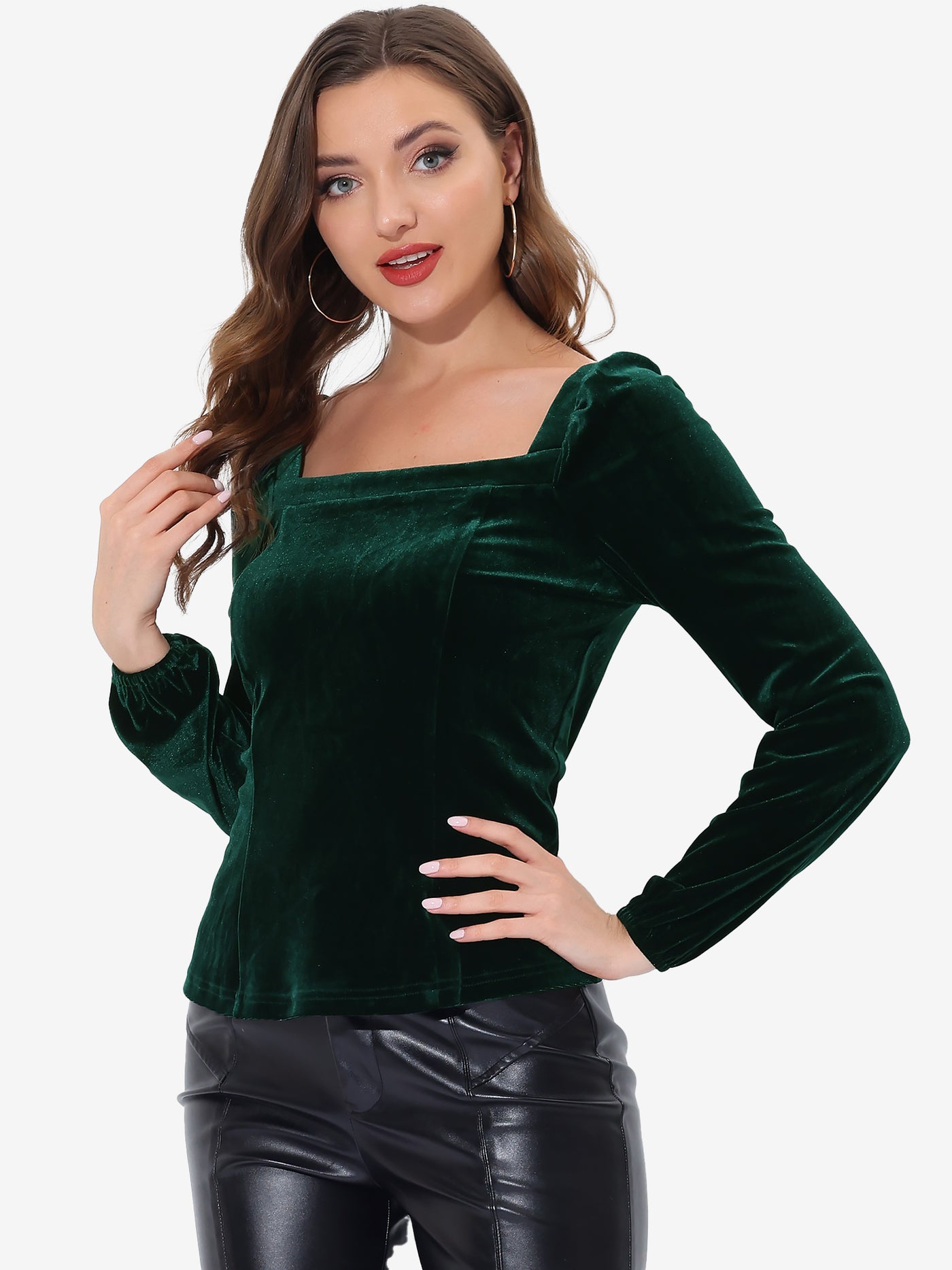 Allegra K Velvet Top Long Sleeve Sexy Square Neck Shirt