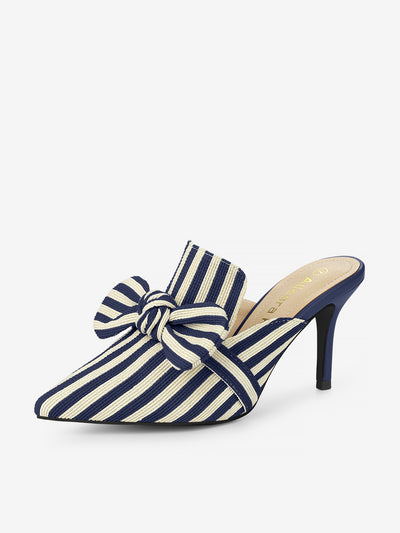 Stripe Bow Slip on Stiletto Heel Slides Mules