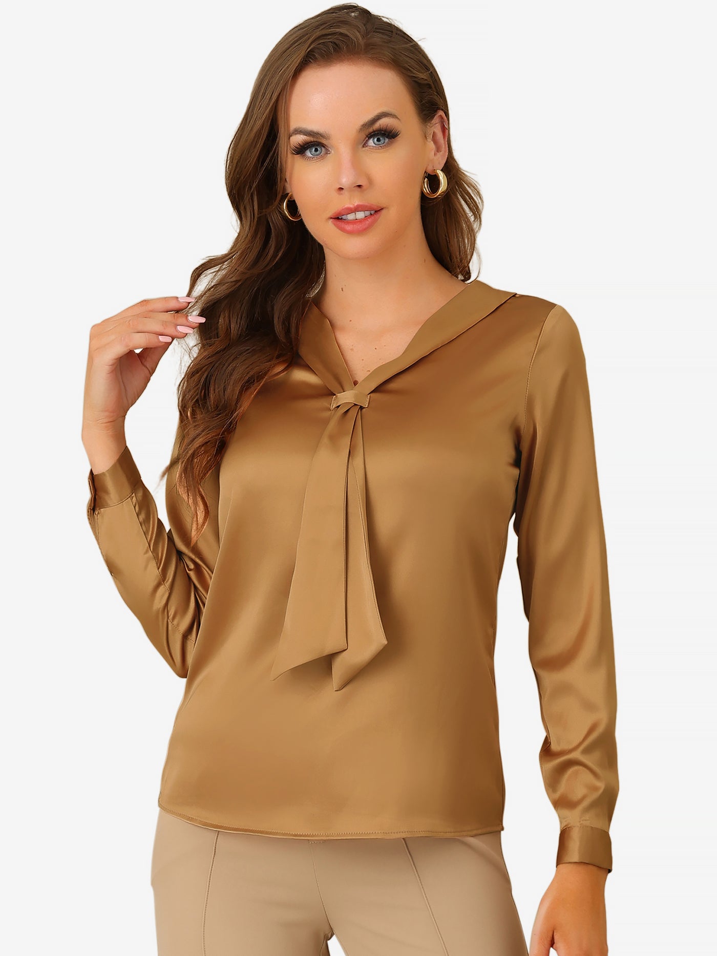 Allegra K Satin Tie Neck Long Sleeve Solid Color Elegant Office Work Shirt Top