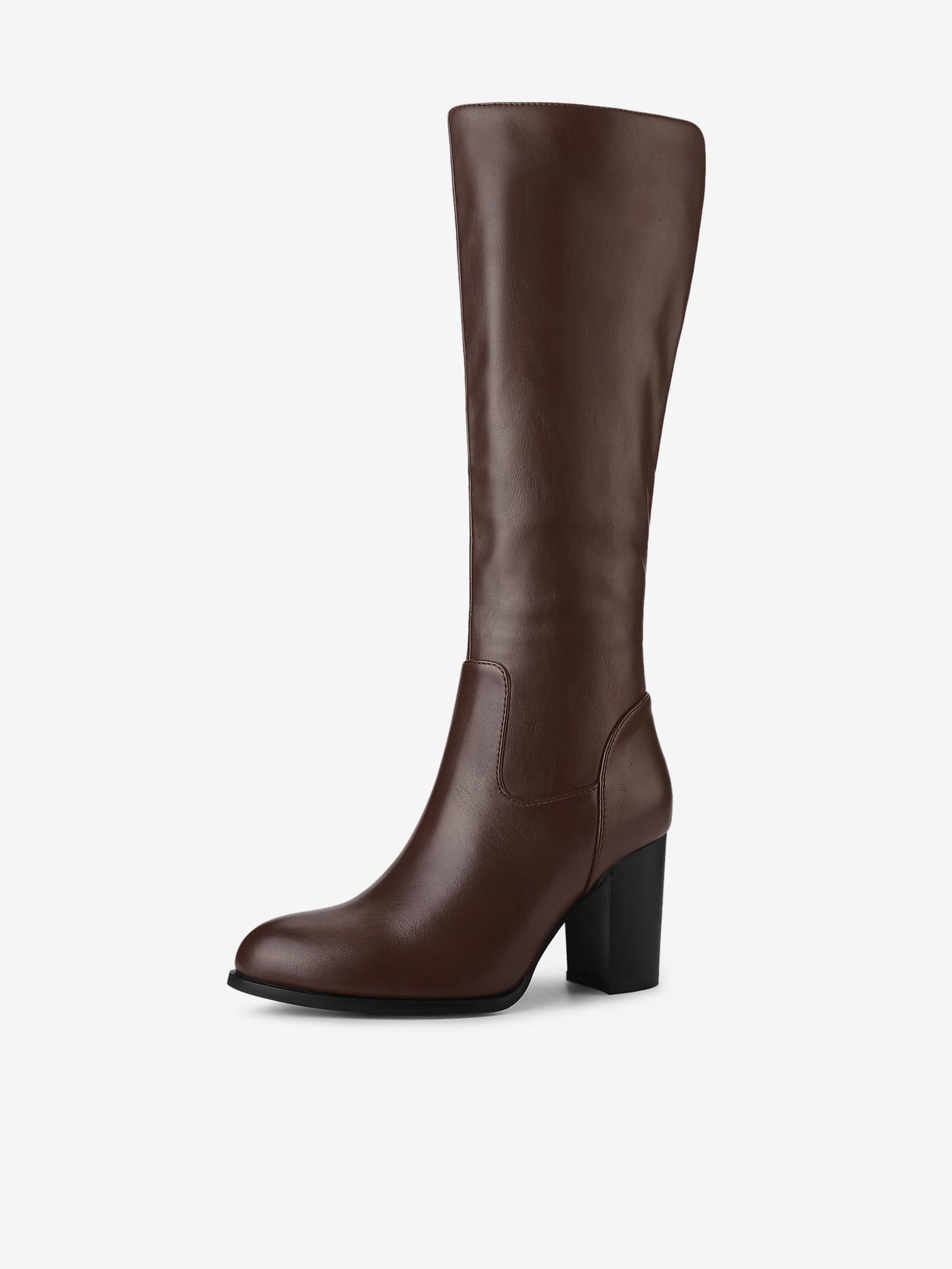 Allegra K Faux Leather Round Toe Block Heel Knee High Boots