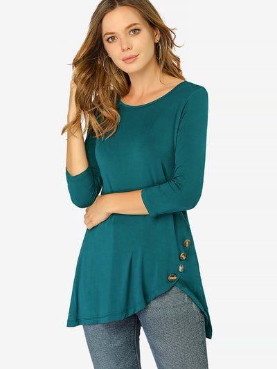 3/4 Sleeve Round Neck Button Decor Casual Stretchy Tunic Tops