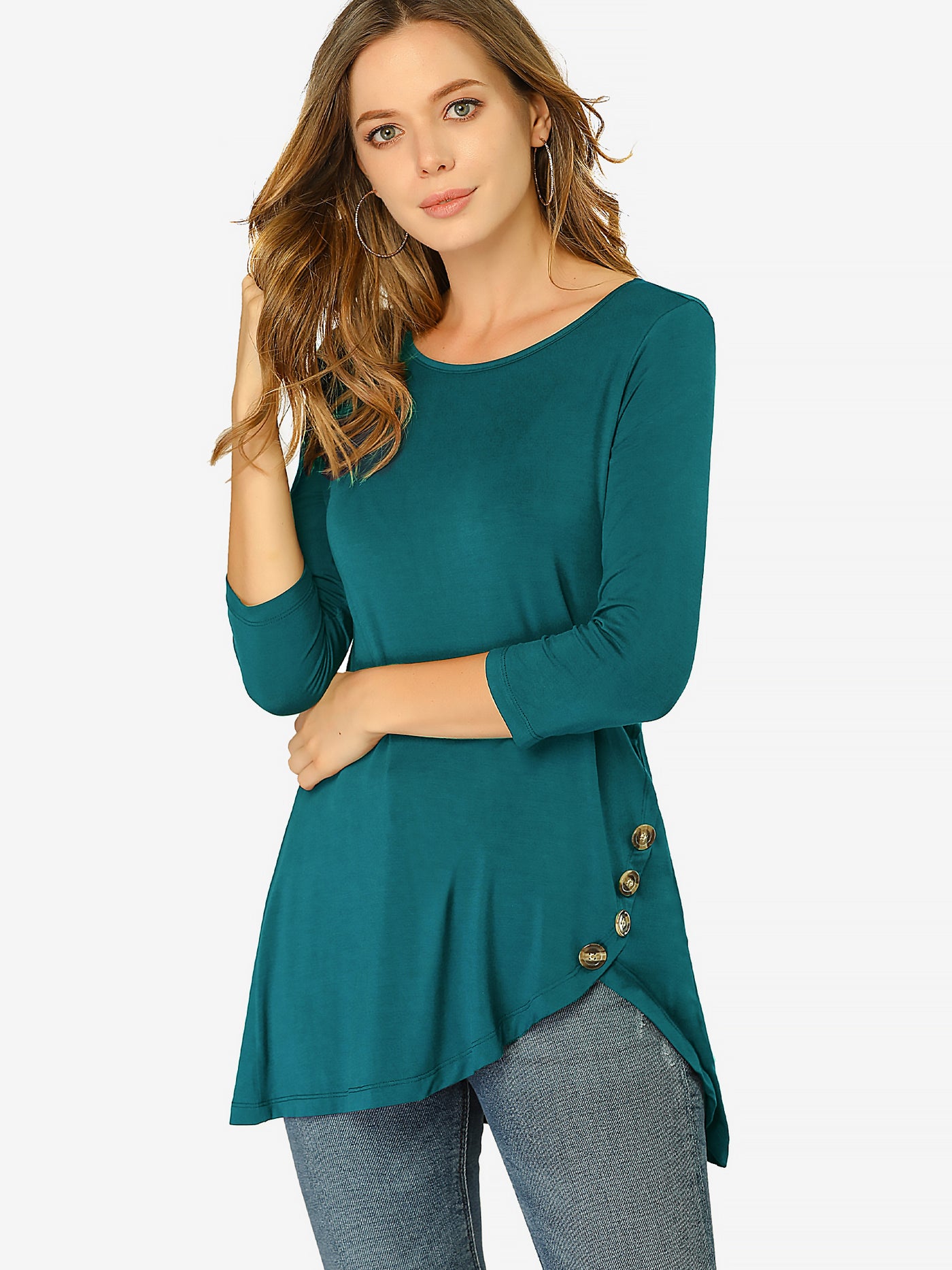 Allegra K 3/4 Sleeve Round Neck Button Decor Casual Stretchy Tunic Tops