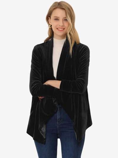 Shawl Collar Pocket Open Front Velvet Cardigan