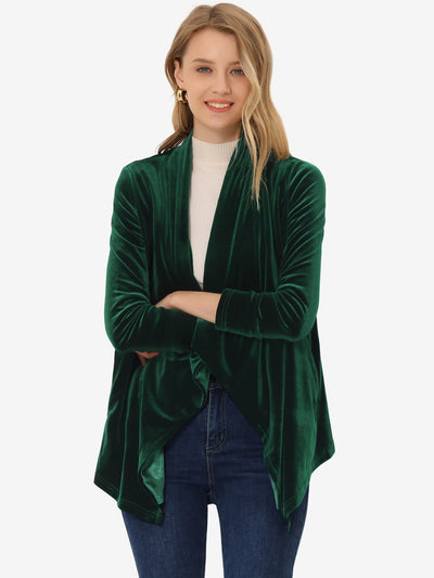 Shawl Collar Pocket Open Front Velvet Cardigan