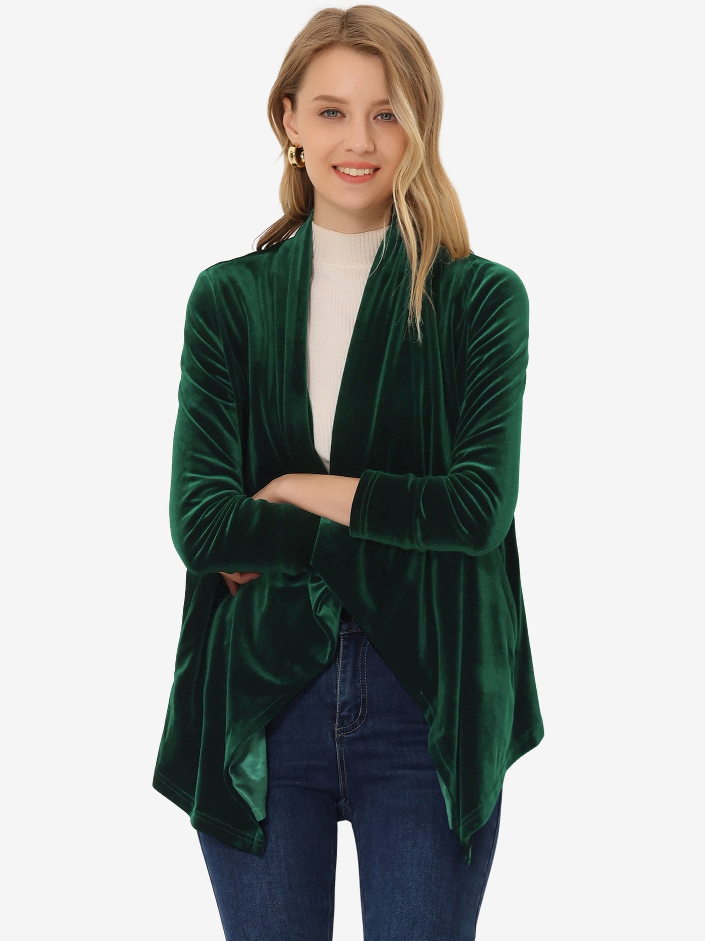 Allegra K Shawl Collar Pocket Open Front Velvet Cardigan