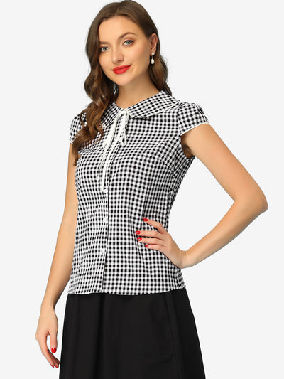 Allegra K Gingham Plaid Tops Short Sleeve Peter Pan Collar Shirt