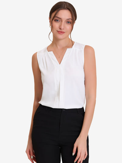 Sleeveless Work Top Pleated Chiffon V Neck Blouse