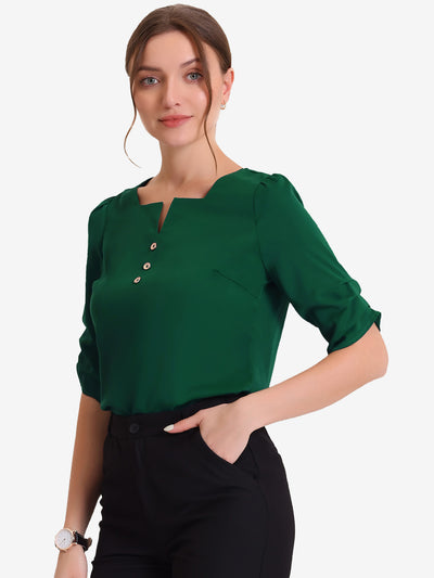 Allegra K Square Neck Pleated Tops Ruched Sleeve Chiffon Office Work Blouse