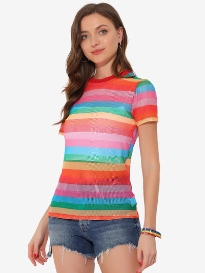 Allegra K Rainbow Top Short Sleeve Sheer Stripe Mesh Shirt