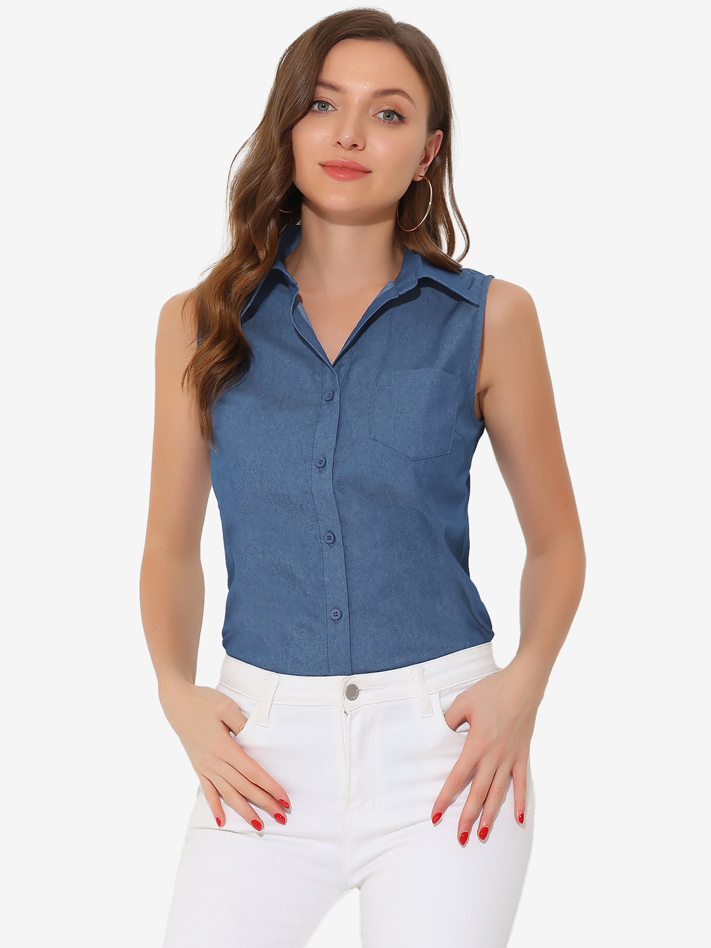 Allegra K Denim Button Down Sleeveless Lapel V Neck Chambray Tunic Top