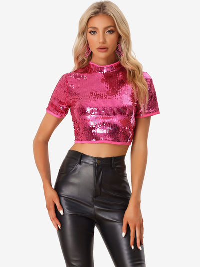 Allegra K Sequin Sparkle Glitter Short Sleeve Shinning T Shirt Club Blouse