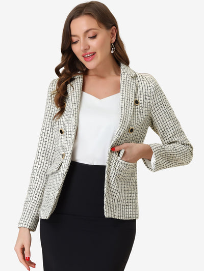 Tweed Plaid Long Sleeves Notched Lapel Open Front Blazer Jacket