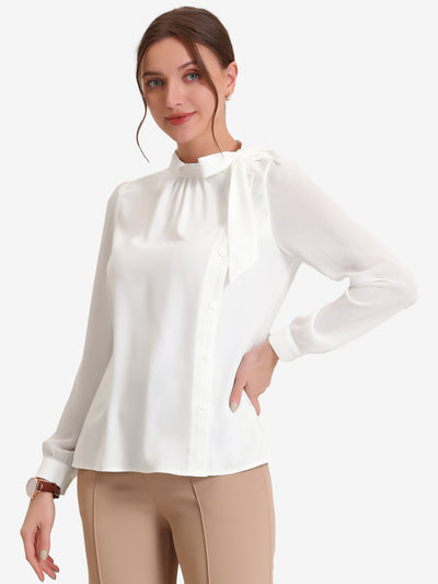 Allegra K Bow Tie Neck Blouse Work Office Side Buttons Chiffon Elegant Tops