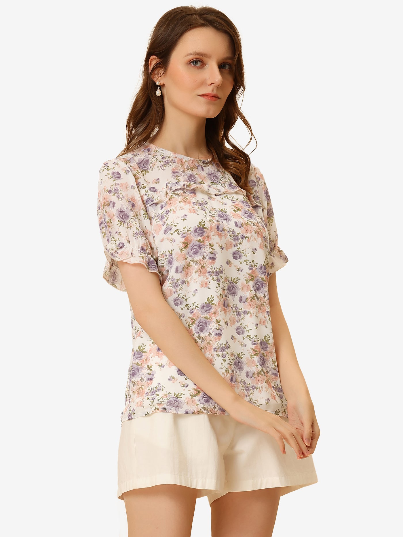 Allegra K Chiffon Short Sleeve Ruffled Trim Floral Blouse Top