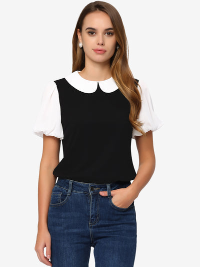 Peter Pan Collar Blouse Contrast Puff Short Sleeve Summer Top