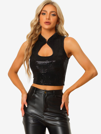 Allegra K Sleeveless Cut Out Front Crop Tank Slim Fitted Sequins Top