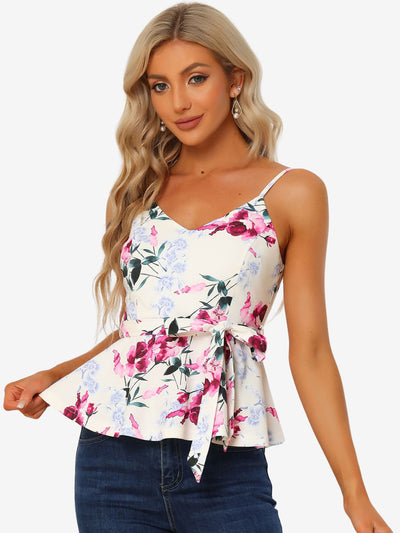 Floral Sleeveless Cami Spaghetti Strap Tie Waist Peplum Blouse