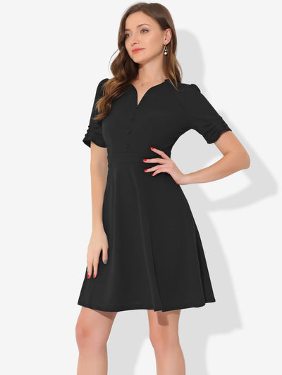 Elegant Short Puff Sleeve V Neck A-Line Zipper Side Office Dress